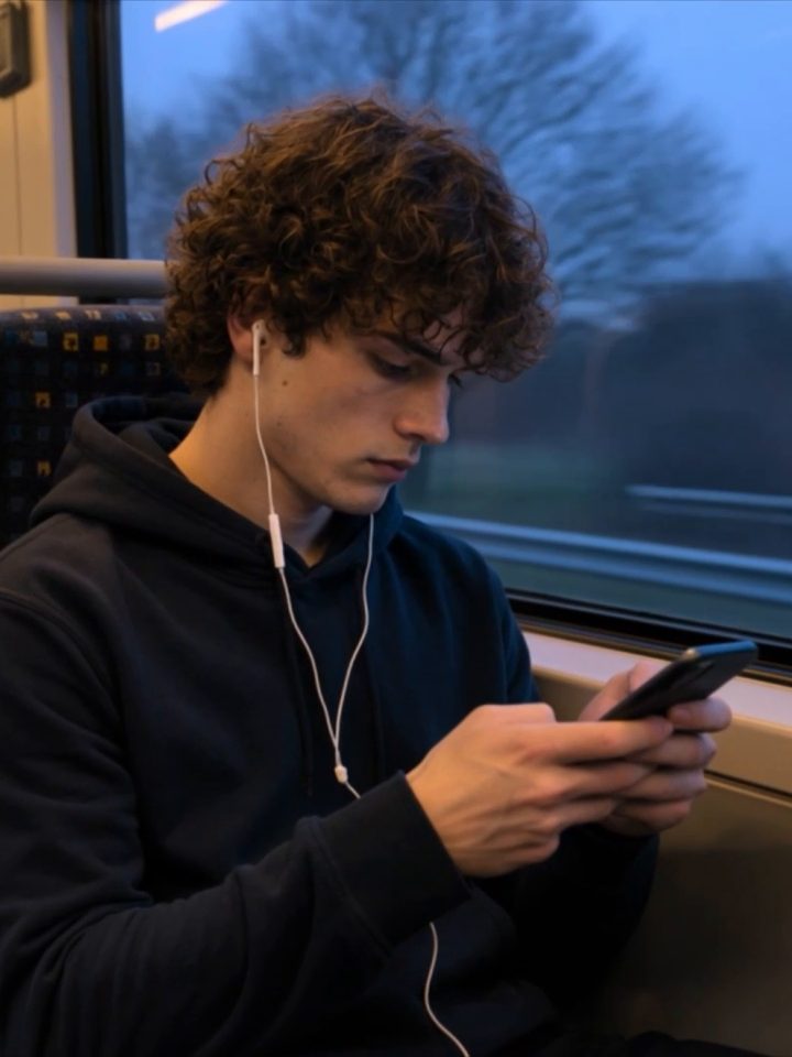 Spieler im Zug auf dem Heimweg, Blick aufs Handy